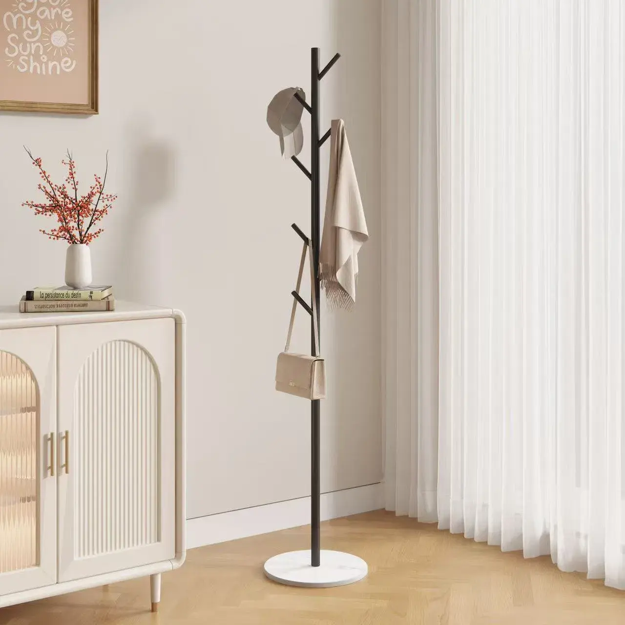 Artistic Heavy-Duty Metal Body Floor-Standing Clothes Rack with Marble Base - Stable Frame Vertical Stand Garment Storage Home Organizer for Bedroom, Holds Hats, Scarves, Coats - Ideal Family Gift, Black & Gold, Family Gifts