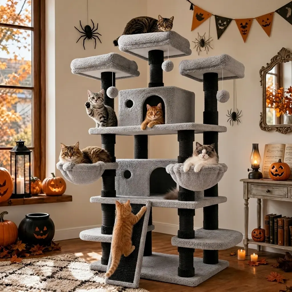 SHA CERLIN Smoky Gray Cat Tree Tower for Indoor Cats, Large Multi-Level Cat Condo with Plush Perches, Scratching Posts & Climbing Platforms, XXL Cat Activity Center, Halloween-Inspired Home Style