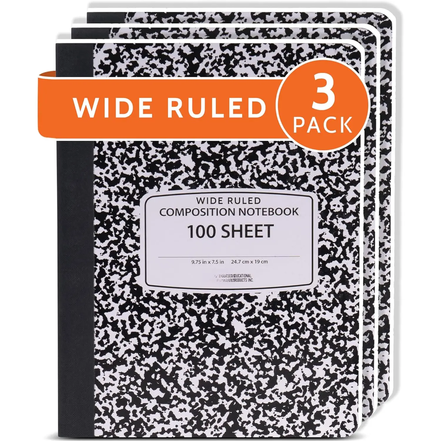 Marble Wide Ruled Hardcover Composition Notebook 3-Pack (Excellent Value Pack), 200 Pages (100 Sheets), 9.75x7.5in, Durable Covers, Sturdy Sewn Binding, Helpful Reference Tools, Manufacturer Warranty - For School, Office, Manufacturer Warrenty