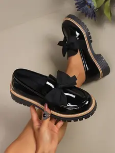 Women's Vintage Bowknot Thick Sole Loafers, Flatform, Slip On Shoes, Commuter Comfort Shoes, Spring & Fall Outerwear, Fashionable Street Style