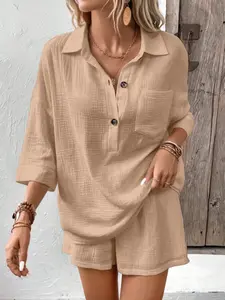 Women's Double Pleated Lapel Shirt with Pocket Two Piece Set, Casual Fashion Matching, New Arrival Stylish Clothing for Everyday Wear