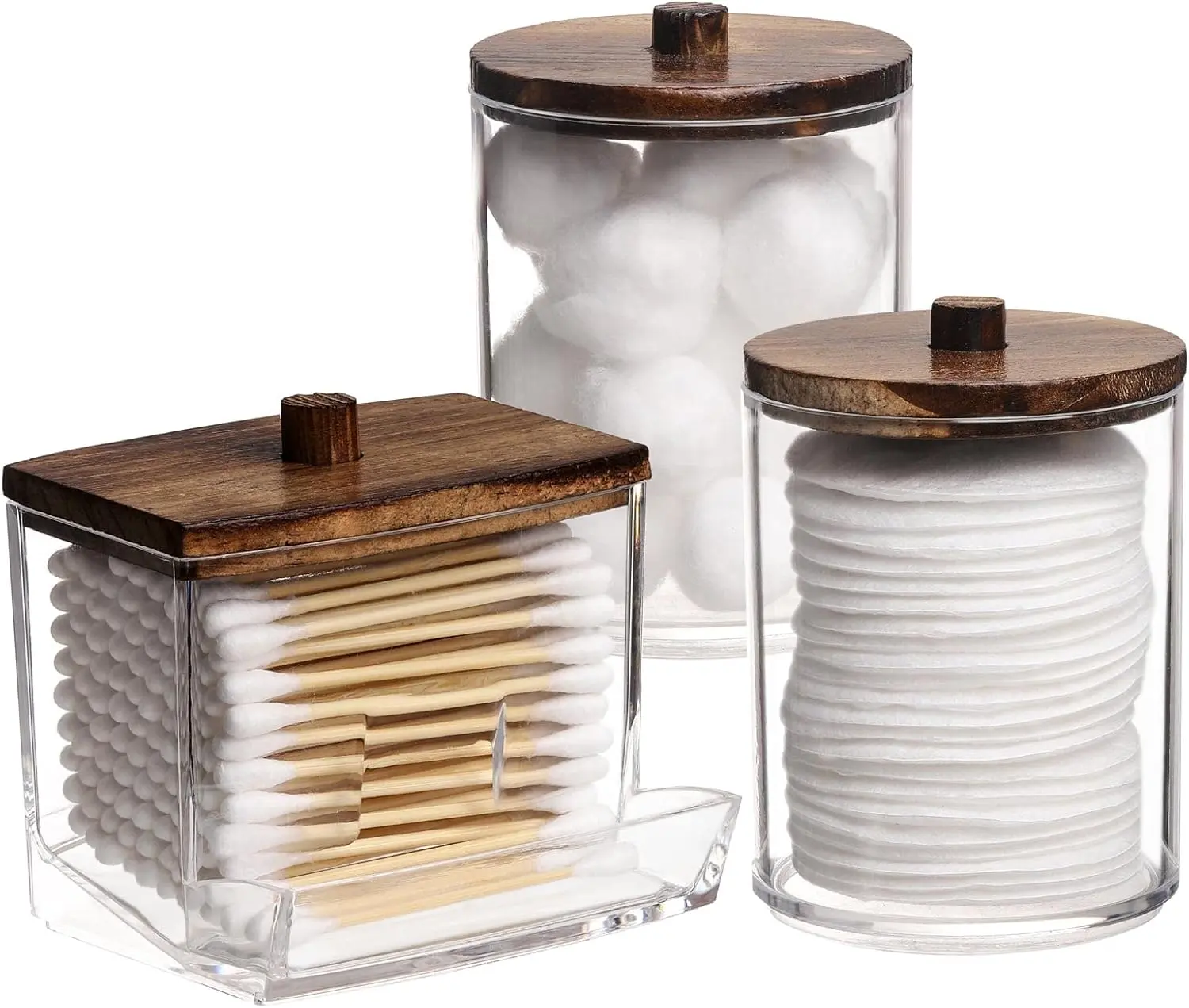 3 Pack Qtips Holder Bathroom Container, 10 oz Cotton Ball/Swabs Dispenser, Apothecary Jar Organizer for Storage Brown Wood Lids