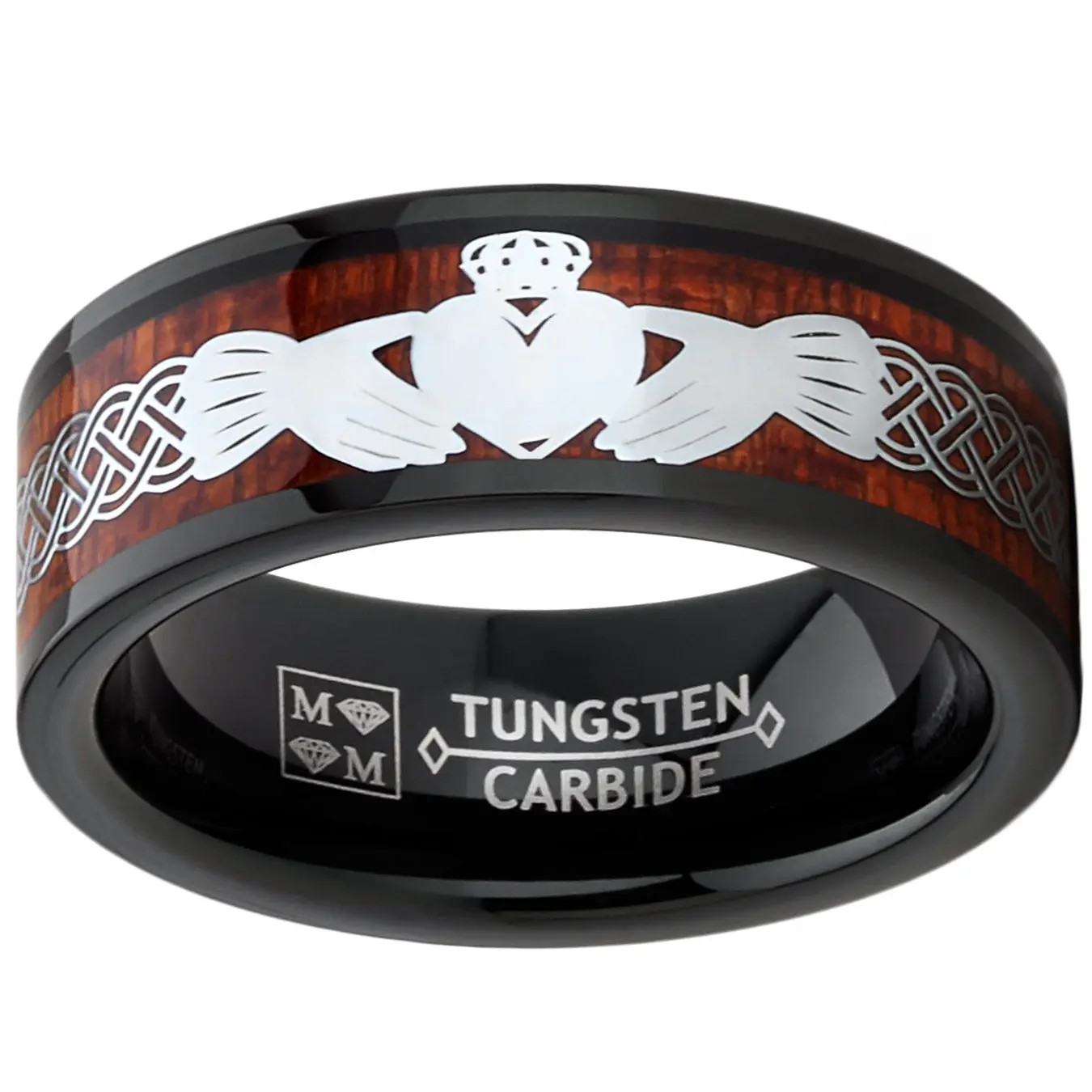 Men's Tungsten Irish Celtic Claddagh Wedding Band Wood Inlay 8MM Black