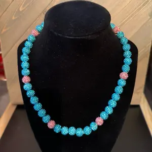 Handcrafted beaded necklace teal and pink color