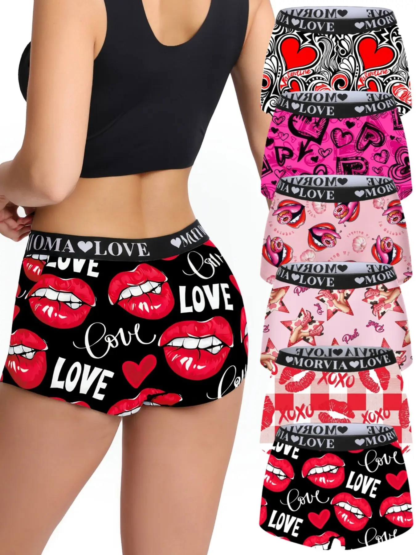 Morvia 6 Pack Women’s Boxer Briefs , Cute Heart & Lips Print Boyshort Panties, Soft Breathable Stretch Underwear, All Seasons Fitted Casual Style, Soft Comfy Panty, Breathable Comfy Innerwear, Fashion Breathable Underwear