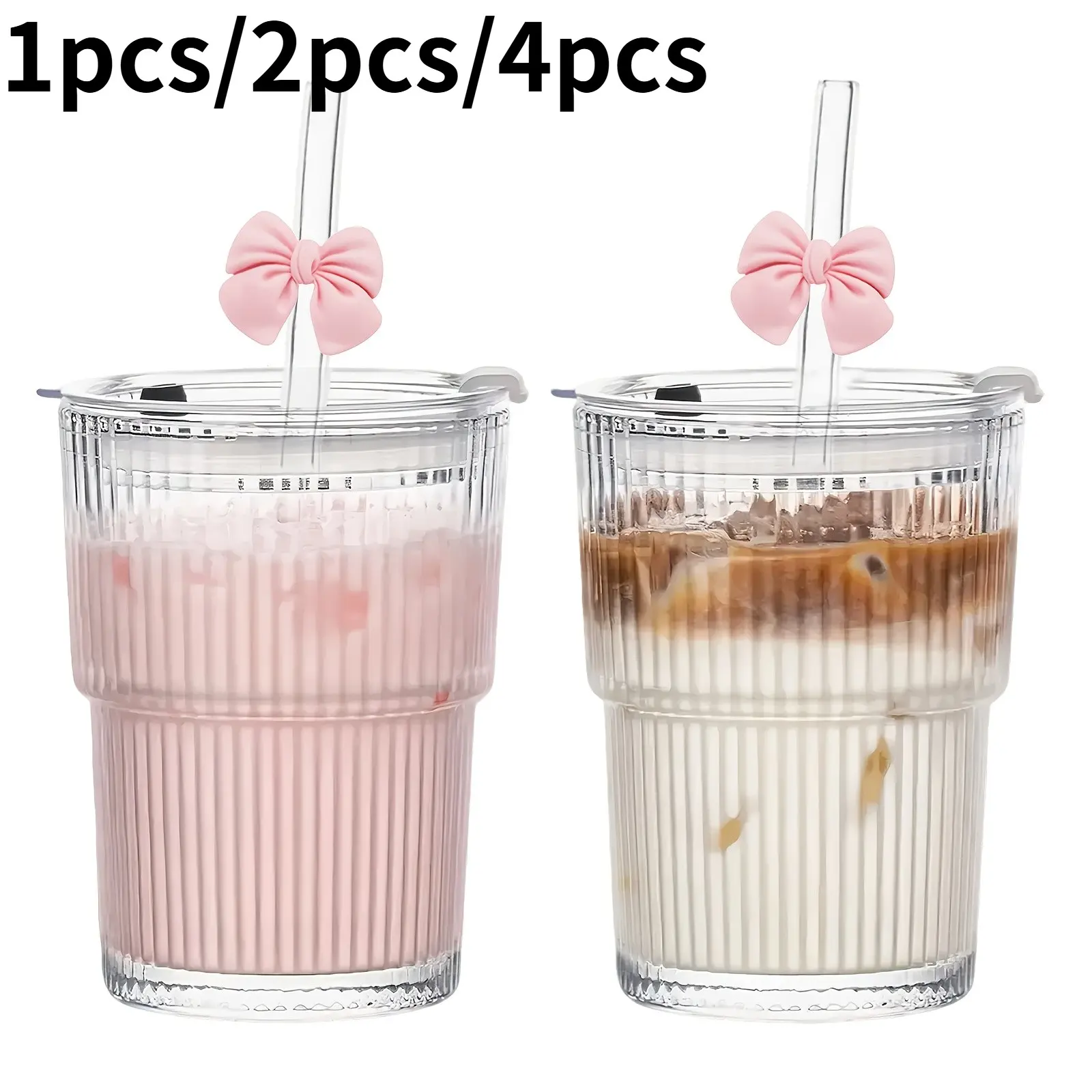 12.85oz Glass Cup with Bow and Striped Design, Leak-Proof Reusable, Ideal for Iced Coffee, Smoothies, Matcha, Dishwasher Safe