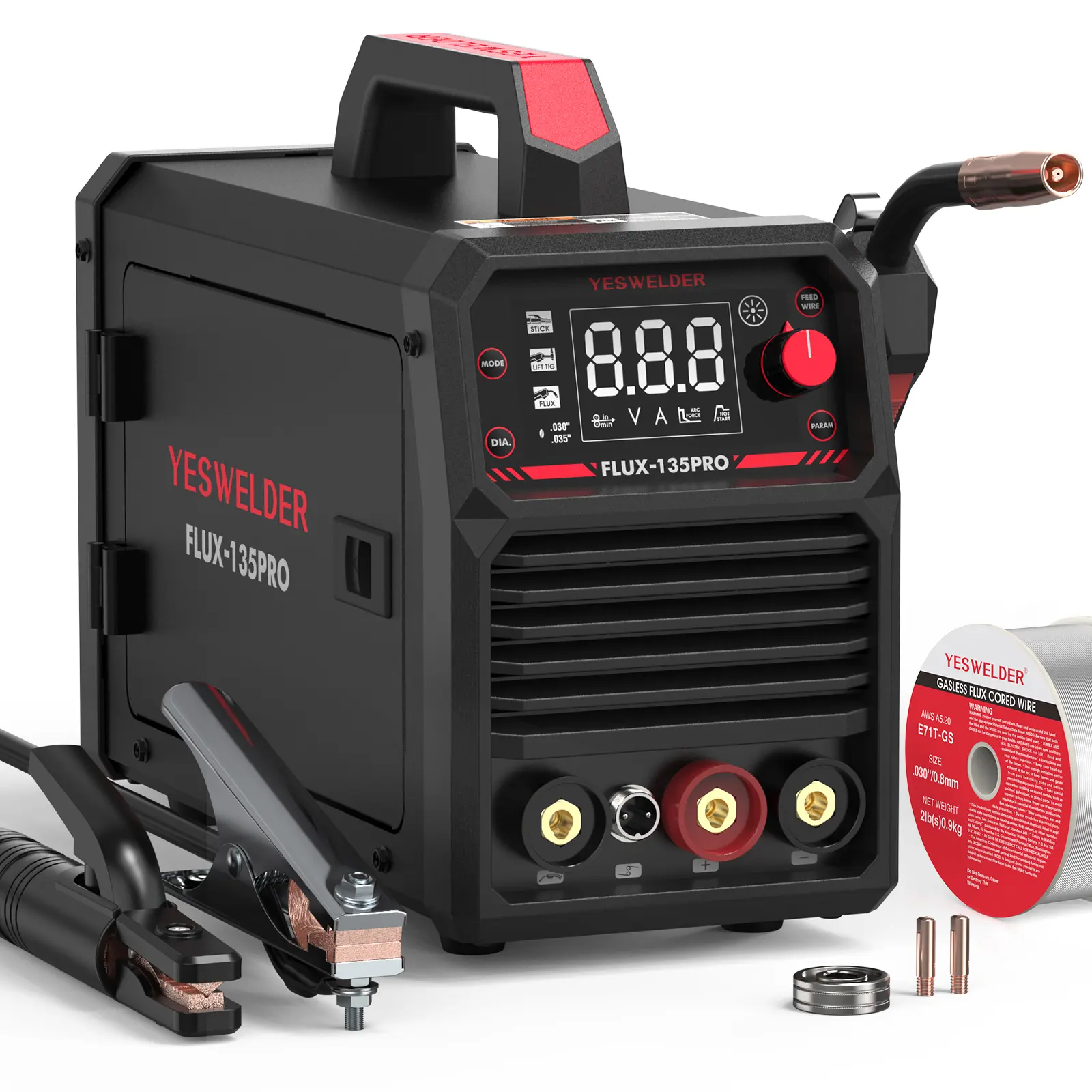 YESWELDER FLUX-135PRO 135Amp 110V Gasless Flux Core MIG Welder, 3-in-1 Handheld Portable Tools with Lift TIG/Stick Welding, Digital Display DC IGBT Synergic Control, Handheld Welding Machine