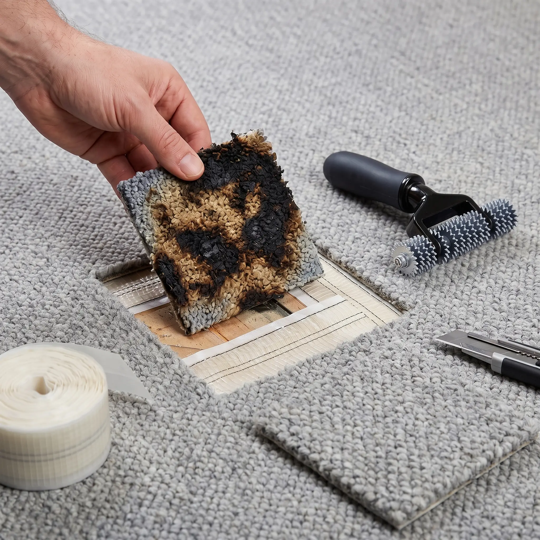 Carpet Patch Repair Kit with Adhesive, 4"x30ft Mesh Fiberglass Mesh Seam Tape, 6.7"x5.4" Roller + Carbon Steel Gears - 3-Step Iron-Free Seamless Roller + Tape Repair with Extra-Wide Hold for Pet Damage, Burns (Home Use)