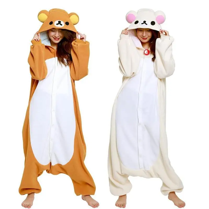 Rilakkuma Kawaii Long Sleeve Onesie Pajamas for Adults Unisex - Warm, Comfortable Anime Cartoons Character Print Loungewear Jumpsuit Cosplay Clothing