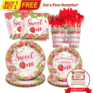 336pcs Strawberry Birthday Party Supplies For 48 Guests, Tableware Set With Paper Plates, Cups, Napkins, Knives And Forks For Baby Shower Decorations, Graduation