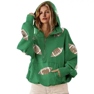 NewWomens Game Day Sweatshirts - Football Sequin Hoodies, Long Sleeve Zipper Sweaters with Pocket, Tailgate Outfits Can be used with a raincoat