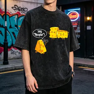 Cheese Say People Men's Vintage Washed T-Shirt Cheese Characters Say People Oversized Graphic Tee Outdoor Casual Short Sleeve