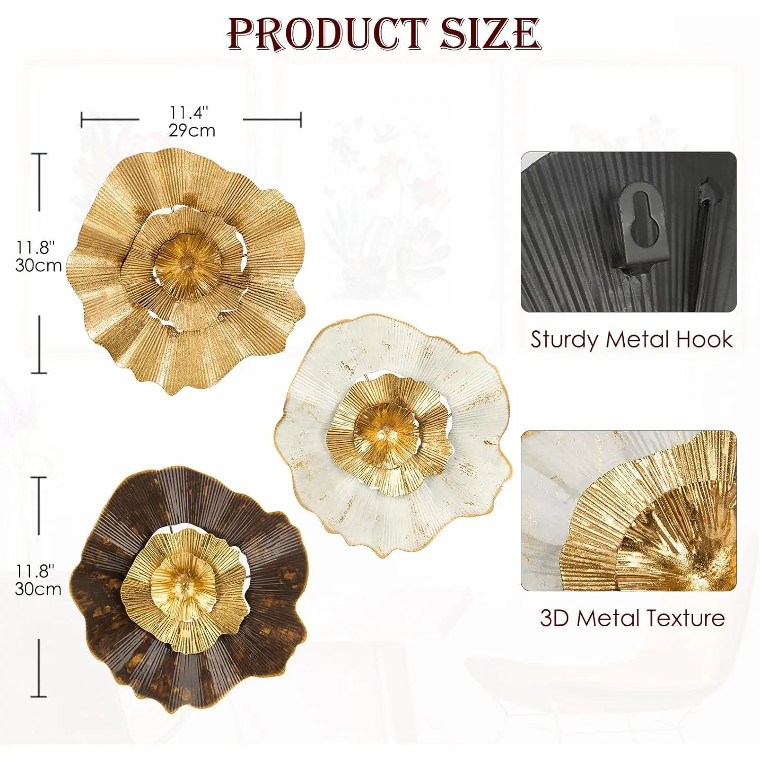Briful 12" Gold Wall Décor Pack of 3 Metal Flower Plate Wall Art Modern Accent Hanging Wall Decorations For Home Office Bedroom Or Living Room Wall Sculptures