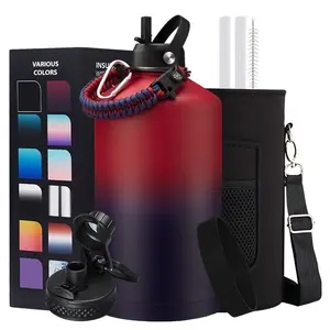 128 oz Water Bottles Insulated Flask - Stainless Steel Metal Water Jug Keep Cold-48h & Hot-24h, Triple-Wall Thermal Fitness Sports Water Bottle with Paracord Handle, Straw & Spout Lids, Bottle Sleeve