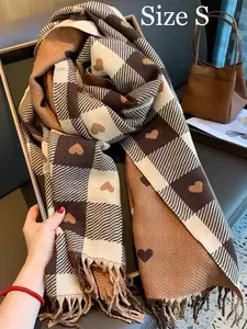High-Quality Plaid Heart Pattern Scarf, Elegant Fitted Design, Woven Fabric, Moderate Thickening, Suitable for Fall & Winter, Boho Style Shawl