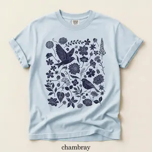 Linocut Birds & Flowers Shirt: Comfort Colors Cotton Cottagecore Garden Tshirt