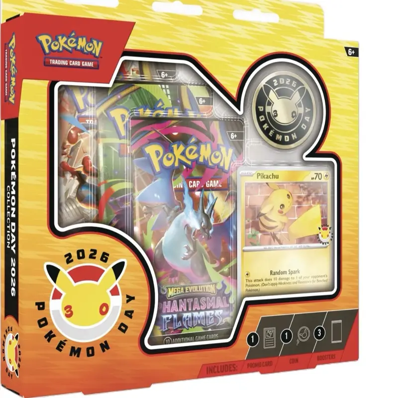 Pokémon 2026 30th Anniversary Pokémon Day Box with Pikachu Foil Promo Card, Metallic Coin, and 3 Booster Packs