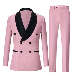 Jacquard pattern Mens 2 Piece Suit Slim Fit Double Breasted Solid Color Tuxedo Blazer Pants for Prom Wedding party Suit + Pants wedding suit suit jacket Slim Fit
