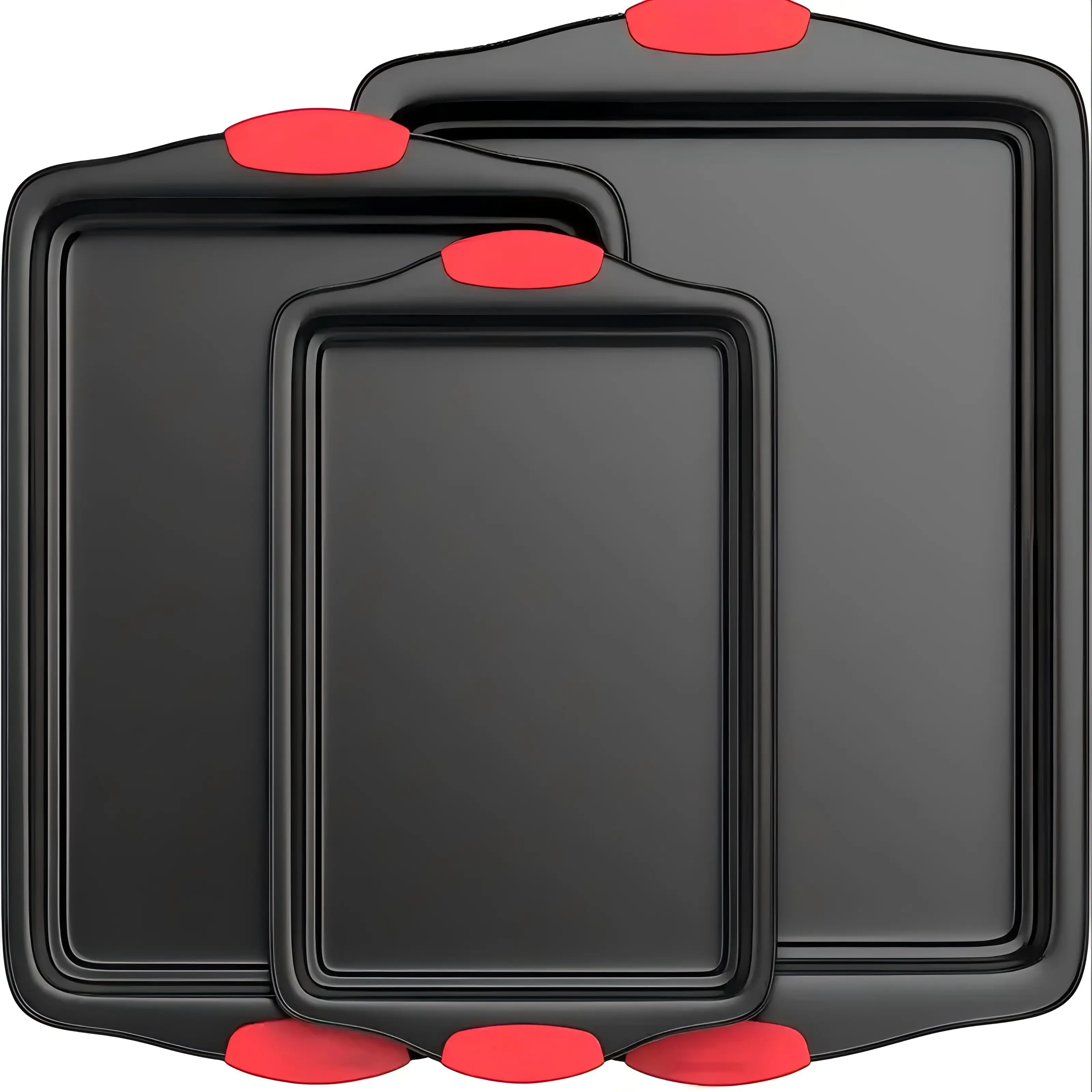 3pcs Carbon Steel Non-Stick Baking Pan | Oven & Toaster Accessories, Commercial Restaurant Grade, Double-Sided Non-Stick Coating, Luxurious & Stylish Design With Red Silicone Handle - Oven Safe Kitchen Accessories, Professional Kitchenware