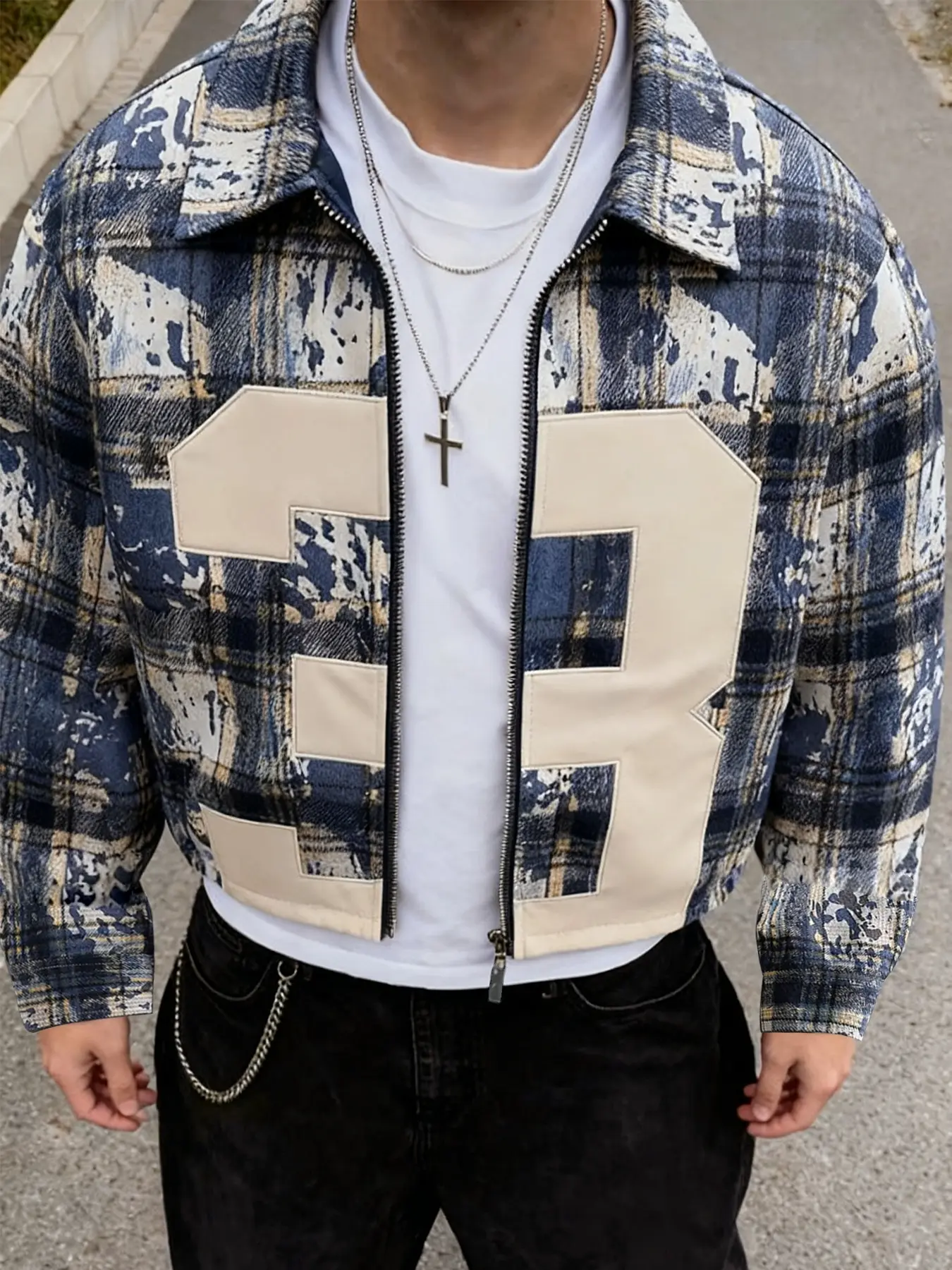Men's Blue/Yellow/White Checked Checkered Plaid Long Bomber Jacket with Oversized "3" Number Design, Long Sleeve Regular Fit Cozy Casual Top, for Urban Street Style Clothes, Bomber Outerwear, Menswear
