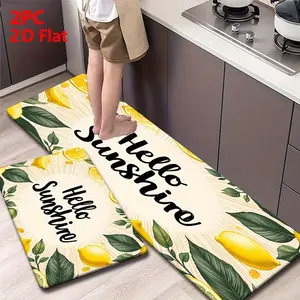 2/3 Piece Flannel Kitchen Mat Set, Fresh Lemon Design, Non-Slip, Absorbent, Flannel Floor Mat, Perfect for Kitchen, Entryway, Bathroom, Hallway, Home Decor Mat