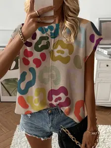 Spring Summer Women's Leopard Print Knit Top, Round Neck Shoulder Pad Loose Fit, Casual Elegant Commuter Wear, Bikini Cover-Up, Womenswear