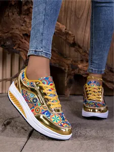 Stylish Women's Sneakers - Gilded Ethnic Print Thick-Sole Walking Shoes, Casual Sports Shoes, Vibrant Pattern & Shiny Finish, Stand Out on the Street, Perfect for Everyday Wear, Footwear