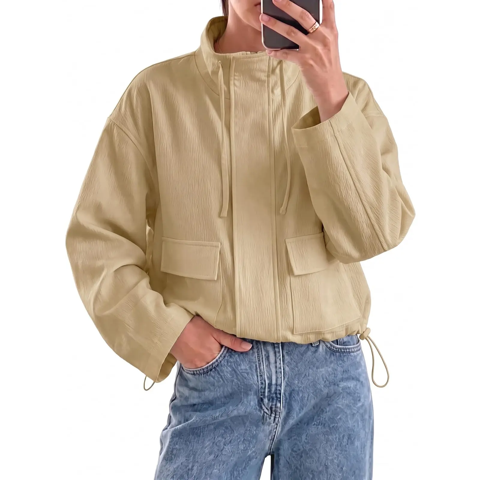 Fisoew Women's Collared Textured Cloth Loose Fit Above Knee Cargo Jacket - Long Sleeves, Drawstring, Short Hem, Flap Pockets, Hidden Zipper, Solid Colors, Multi-Size Minimalist Utility Outerwear for Streetwear, Above Knee Women's Casual Jackets