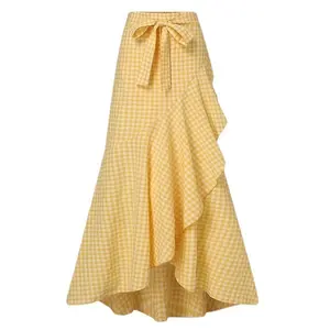 Plaid Mermaid Midi Skirt for Women, High Waist Ruffle Irregular Hem Wrap Long Skirt, Casual Umbrella Flowy Boho Bottoms
