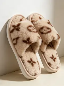Soft Healing Print Plush Slippers, Skin-Friendly Rabbit Fur Lining, Thick Plush Interior, Anti-Slip Shock Absorption, Warm and Breathable, Home Use Couples Slippers
