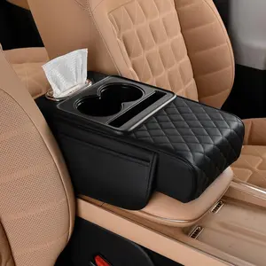 Car Center Console Cover, Leather Armrest Cover for Car, Universal Middle Console Cushion, Car Console Organizer with Storage Box, Cup Holder, Tissue Box & Phone Slot, Luxury Waterproof Interior Accessories