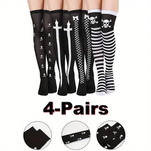 4 Pairs Women's Gothic Thigh High Stockings Set - Spooky Skull & Striped Print Over The Knee Hosiery, for halloween Cosplay Costume, Party Outfit, Roleplay Accessory - Themed Party Fashion