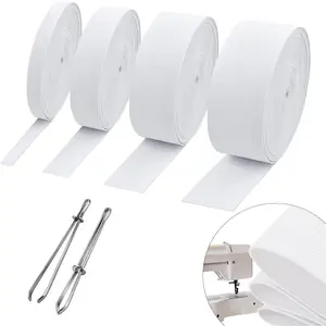 4 Rolls White High Elastic for Sewing Elastic Bands, Thickness 1mm Width 0.6/1/1.4/2inch, Length 5.5 Yards/roll, with 2 Sewing Clips for Waistband Pants Dresses Swimwear Crafts DIY (White-4rolls)