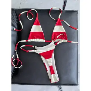 Swim Vcay Sexy Red & White Striped Micro Top & Thong Bottom Bikini Set, Bathing Suit For Summer Beach Vacation