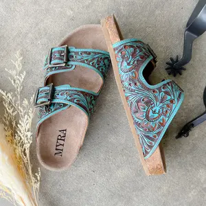 Rustic Rodeo Tooled Leather Slide Sandals – Turquoise & Brown* Footwear