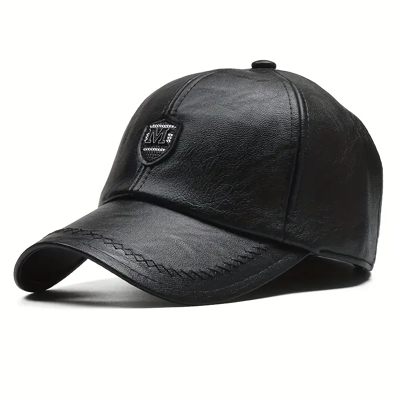 Men's British PU Leather Baseball Cap - Adjustable, Breathable, Clothes Accessory for Everyday Wear, Male Hat with Letter Patch (Suitable for Spring, Summer, Autumn)