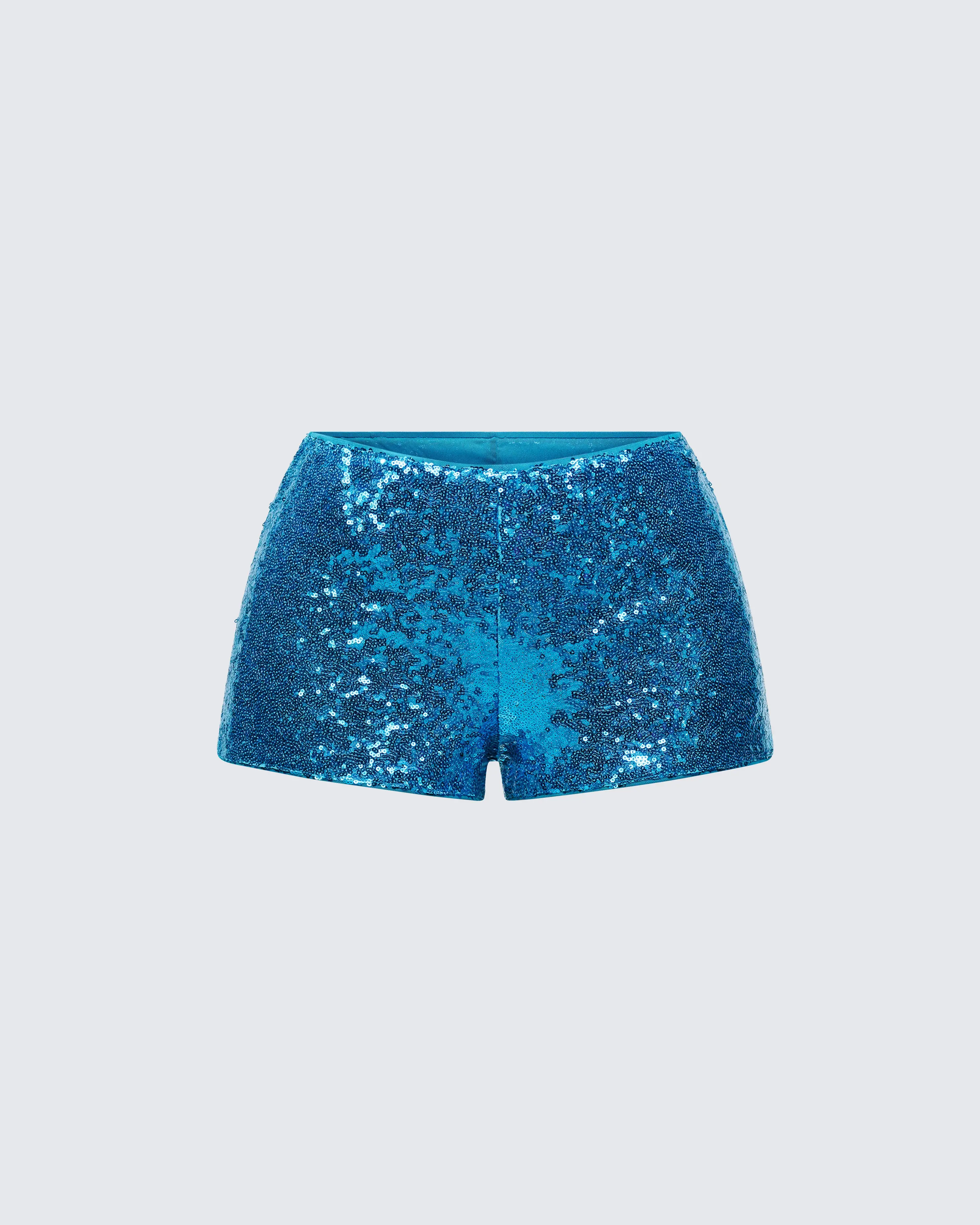 Women's Fitted Posie Blue Sequin Mini Shorts, Polyester Women's Bottoms, Low Profile Design