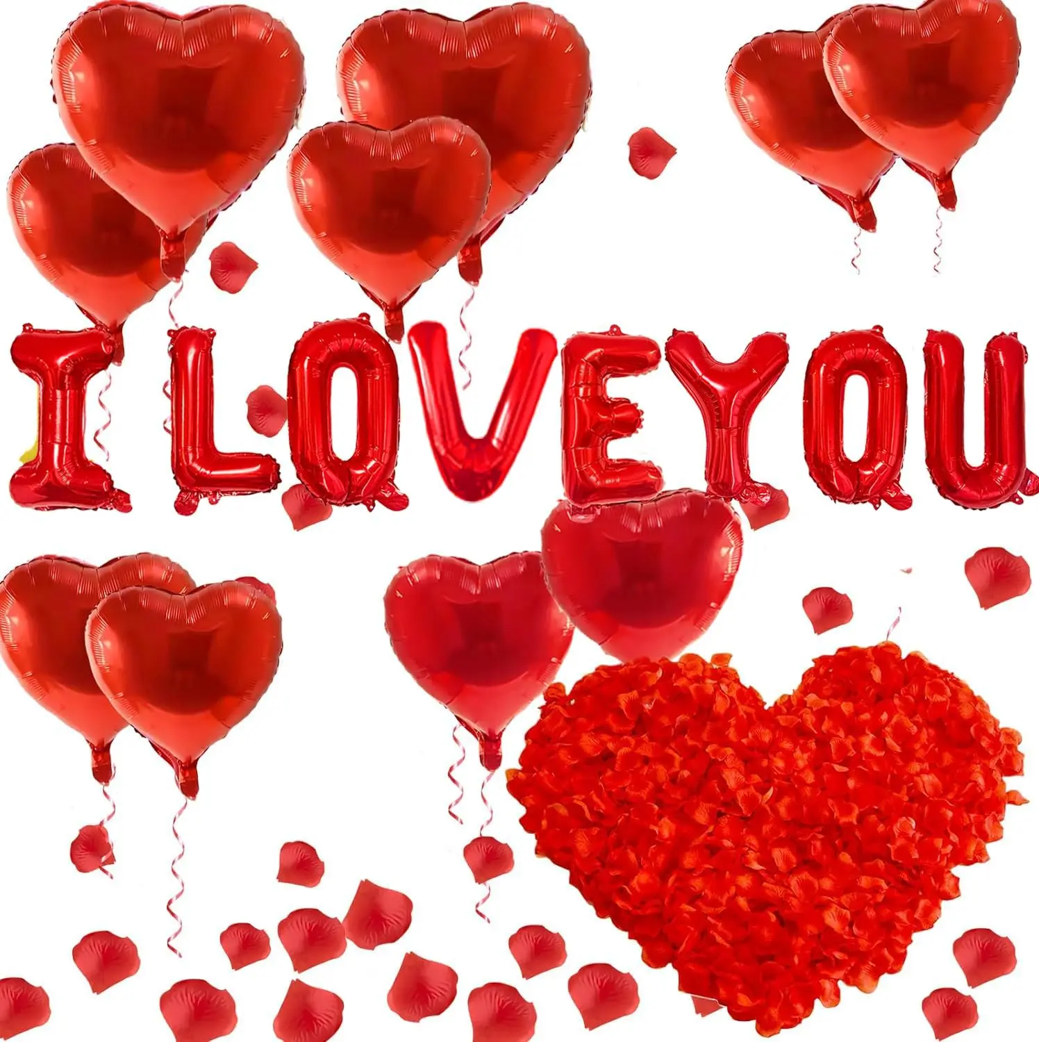 I Love You Balloons & Rose Petals Set  – Romantic Decor for Anniversary, Wedding, or Valentine’s Day