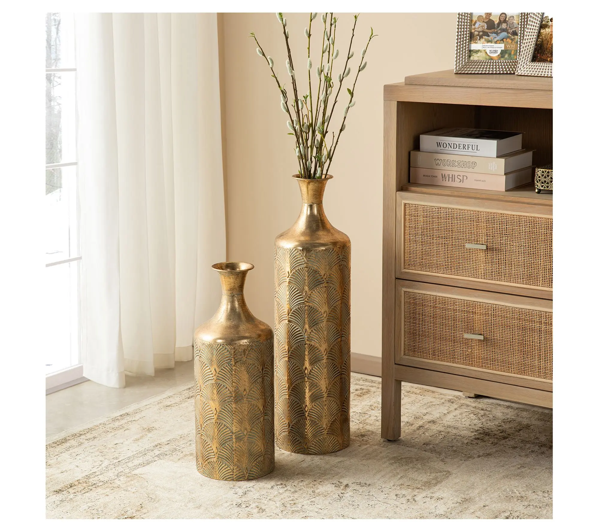 Glitzhome Metal Antique Gingko Floor Vases Setof 2 Glitzhome Metal Antique Gingko Floor Vases Setof 2