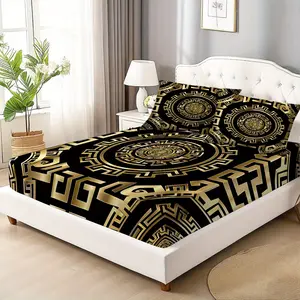 3-Piece Gold Greek Key Pattern Bedding Set, Includes Fitted Sheet & Pillowcases, Elegant Design, Soft Smooth Bedroom Linen, Bedsheet Sets