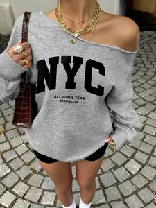 Women's Shoulder Cut Leopard Letter Print Long Sleeve Pullover Sweatshirt, Soft Loose Fit Casual Top, All Seasons Fashion, Trendy Leopard Print Womenswear