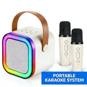 A mini karaoke machine with a microphone sound system and dual wireless microphones. The portable all-in-one Bluetooth speaker is ideal for home KTV, family parties, live streaming, and back-to-school entertainment.