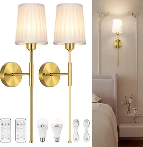 Battery Operated Wall Sconce, Coldless 5000mAh Rechargeable Battery Wall Sconce, Wireless Sconces Set of 2 Wall Lamp/Lights for Wall Painting, Bedroom, Living Room, Night Light (Gold)