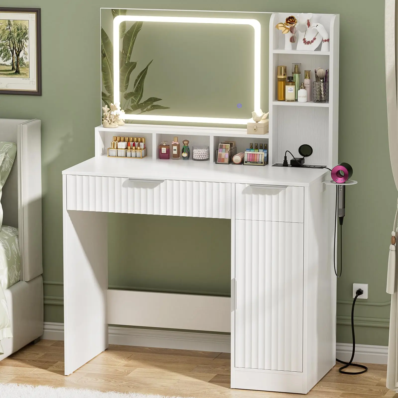 Vanity Desk 31" Makeup Vanity Desk White   Vanity   table  with Mirror LED   3-color  Light Power Outlet 3 Storage  Drawers Cabinet Shelf for Bedroom