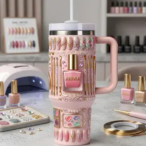 Personalized Name Nail Technician Tumbler 2D Printed 3D Effect Pink Polish Lacquer Design Insulated Cup For Professional Manicurist Salon Tech Birthday Celebration Keepsake Appreciation Gift