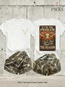 Women's 2-Pack Western Bull Print Short Sleeve T-Shirt & Camo Shorts Set, Soft Casual Fabric, Daily Streetwear Loungewear, Black Beige Pink White Purple Red Multi-Color Options