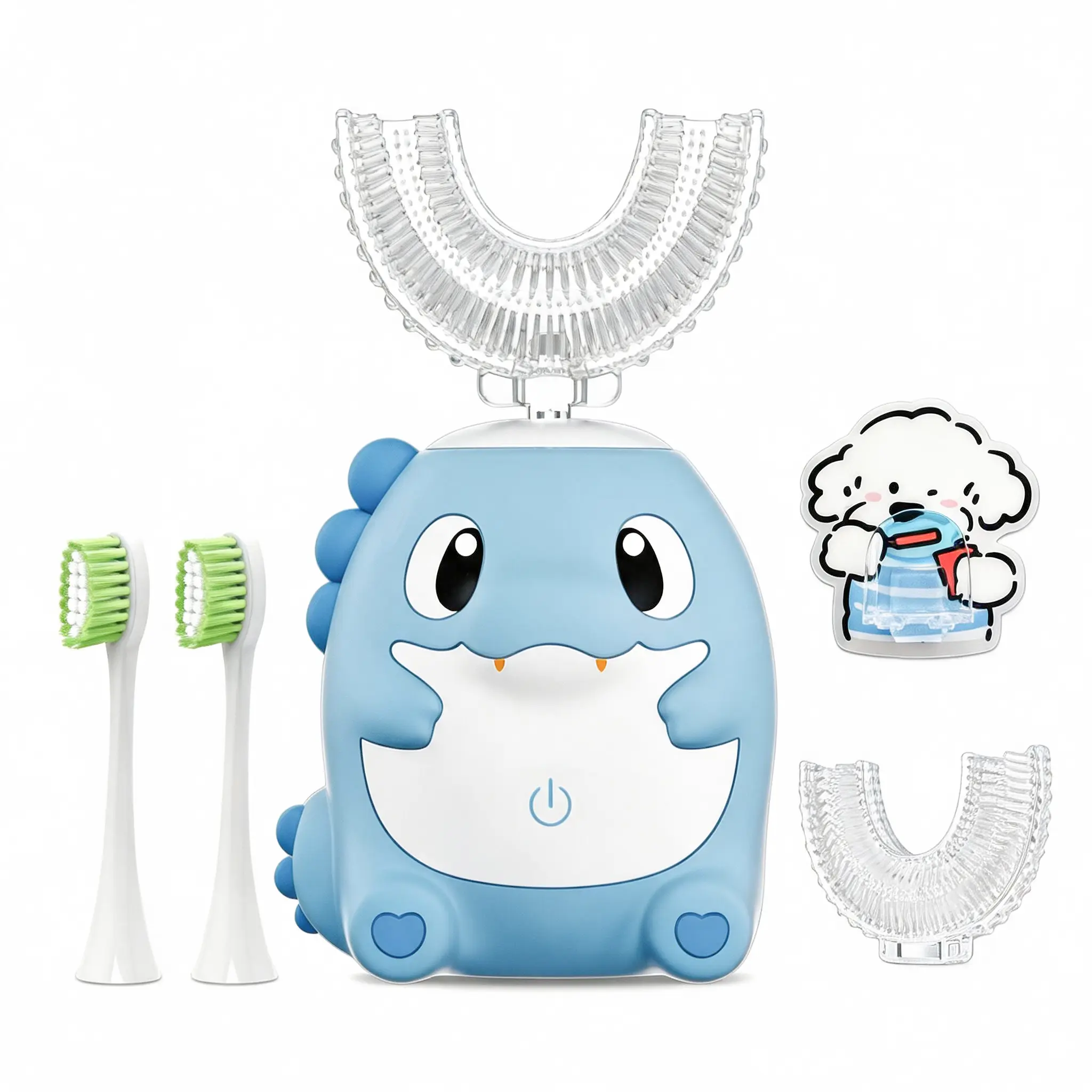 Kids Electric Toothbrush Set with Cute Dog Wall Holder, Dinosaur U-Shaped Toddler Toothbrush, 360° Ultrasonic Cleaning, Rechargeable & IPX7 Waterproof, Includes Extra Brush Heads Oral Daily