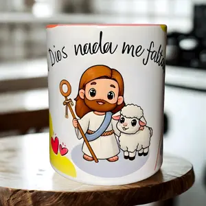 Con Dios nada me Faltara Ceramic Coffee Mug with Jesus and Lamb Design Perfecto for Daily Motivation for a gift.