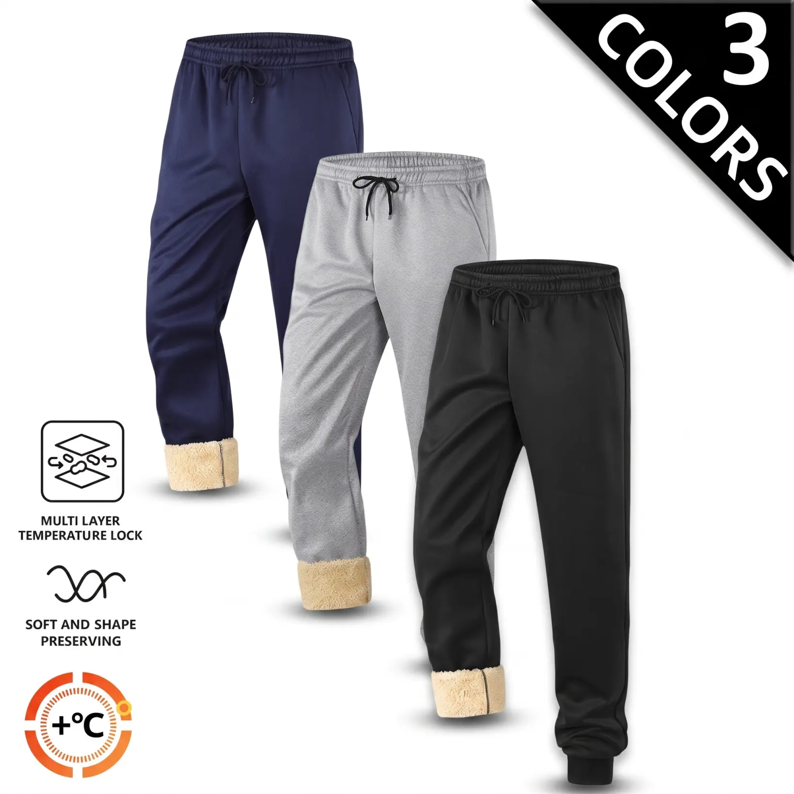 Men’s outdoor fleece lined long pants; running/training fleece lined sports pants; winter fleece lined athletic long pants; cold resistant, windproof casual outdoor pants with integrated faux fur—suitable for skiing and mountaineering.