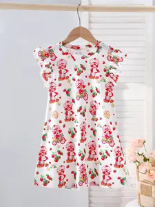 Girls' Strawberry Print Pajama Dress, Fruit Print Pajamas, Cartoon Print Pajama, Sleepwear Dresses, Sweet and Cute Style, Summer Home Wear, Summer Pjs, Sleepwear Party, Ideal Gift Choice